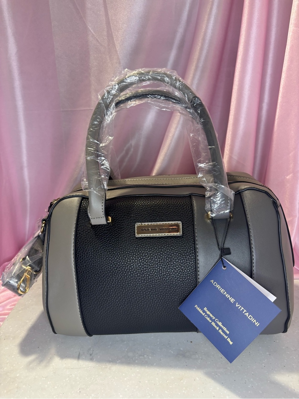Adrienne Vittadini Black and Gray Textured Panel Satchel